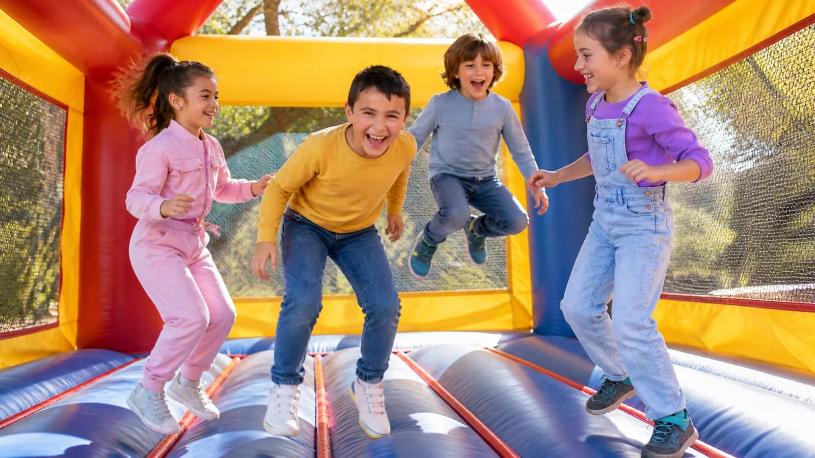 Kids playing in a bounce house at a backyard birthday party